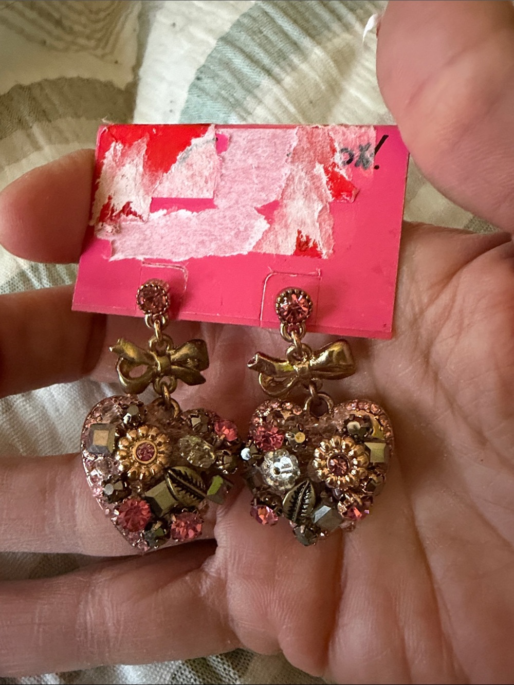 Betsey Johnson Pink and Gold Jeweled Heart Drop Earrings